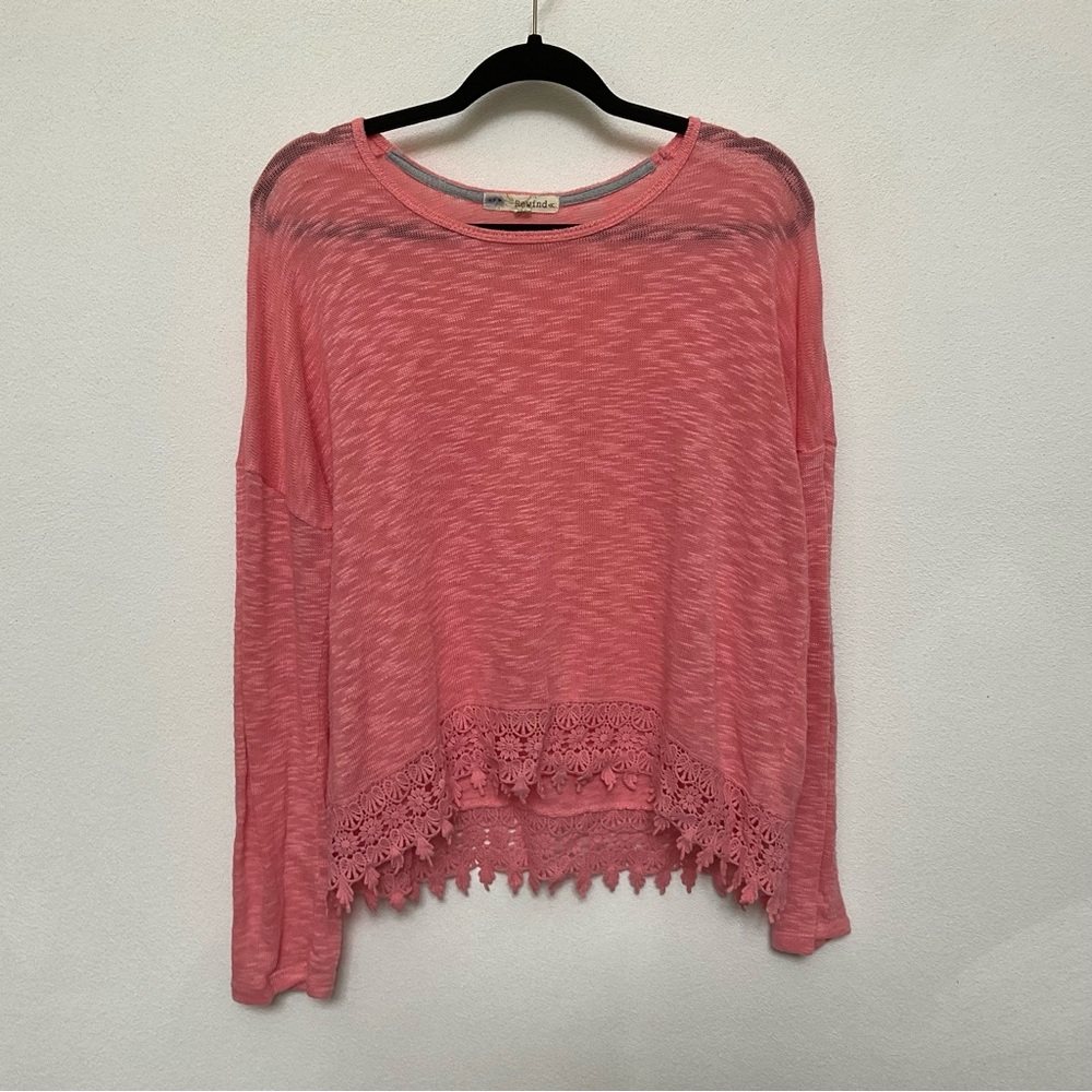 Rewind Light Pink Burnout Fabric Floral Lace Trim Long Sleeve Top Size XL